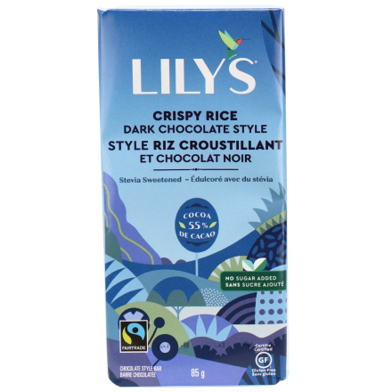 Front of Lily's Stevia Sweetened Dark Chocolate Bar Crispy Rice, 85g