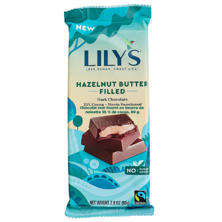 Front of Lily’s Hazelnut Butter Filled 55% Cocoa Dark Chocolate, 80g