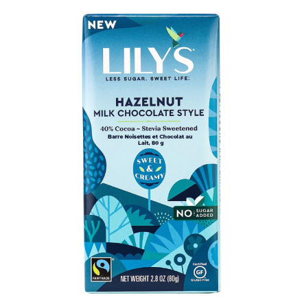 Front of Lily's Low-Sugar Milk Chocolate Style Hazelnut, 80g 