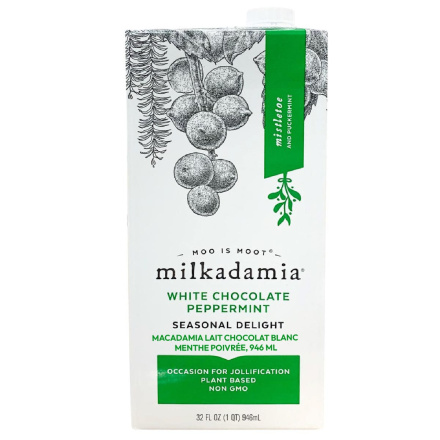 Front of Milkadamia Macadamia Milk White Chocolate Peppermint, 946mL