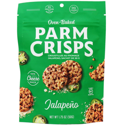 Front of ParmCrisps Jalapeno Cheese Crisps, 50g pouch