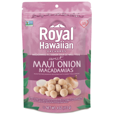 Front of Royal Hawaiian Orchards Sweet Maui Onion Macadamias, 113g
