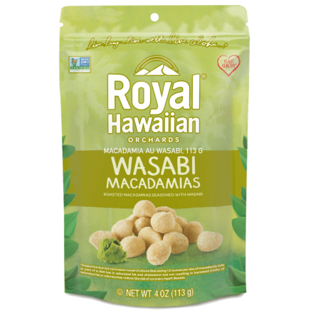 Front of Royal Hawaiian Orchards Wasabi Macadamias, 113g