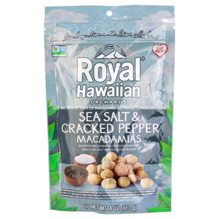 Front of Royal Hawaiian Orchards  Sea Salt and Cracked Pepper Macadamia Nuts, 113g