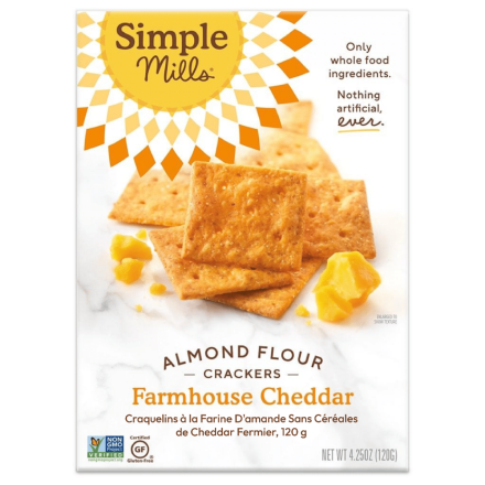 Front of Simple Mills Grain-Free Almond Flour Crackers Farmhouse Cheddar, 120g