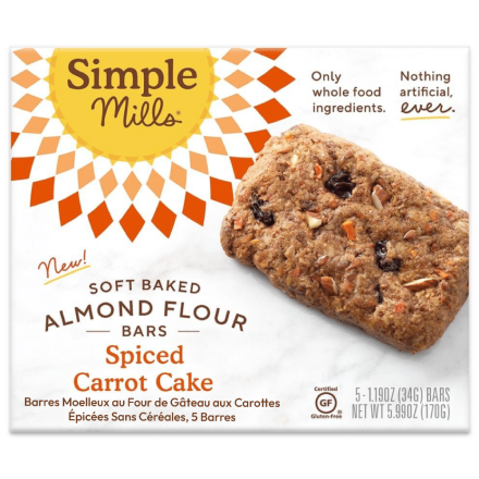 Front of Simple Mills Grain-Free Soft Baked Almond Flour Bars Spiced Carrot Cake, 5 Bars