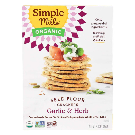 Front of Simple Mills Organic Seed Flour Crackers Garlic & Herb, 120g
