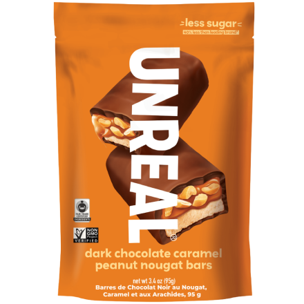 Front of Unreal Dark Chocolate Caramel Peanut Nougat