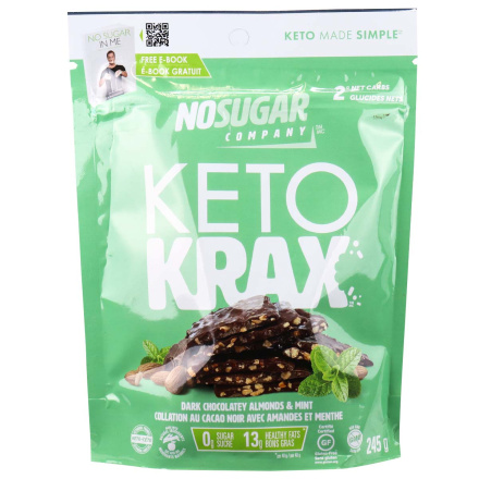Front of No Sugar Company Keto Krax Dark Chocolatey Almonds & Mint, 245g