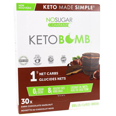 Front of No Sugar Company Keto Bomb Dark Chocolate Hazelnut, 30ct