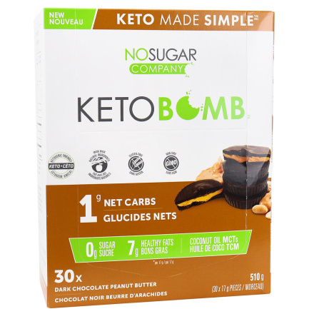 Front of No Sugar Company Keto Bomb Dark Chocolate Peanut Butter, 30ct