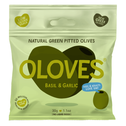 Front of Oloves Low-Calorie Natural Green Pitted Olives with Basil & Garlic, 30g