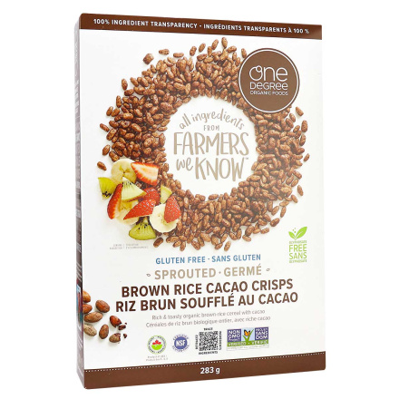 Front of One Degree Organic Sprouted Brown Rice Crisps Cacao, 284g