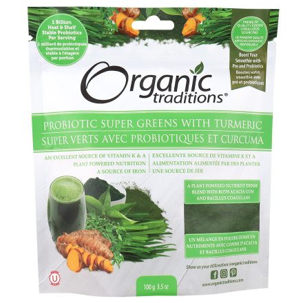 Front of Organic Traditions Probiotic Super Greens With Turmeric, 100g