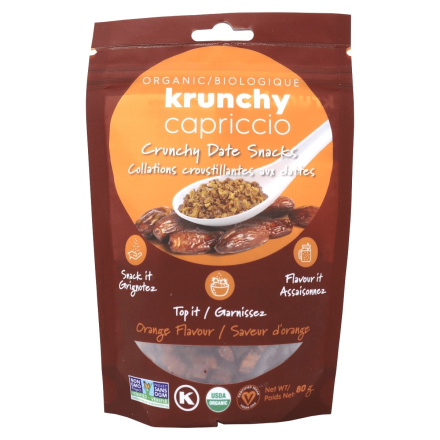 Front of Krunchy Capriccio Organic Crunchy Date Snacks Orange