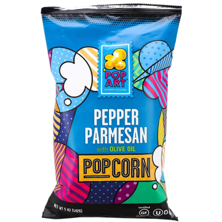 Front of Pop Art Gourmet Popcorn with Olive Oil Pepper Parmesan