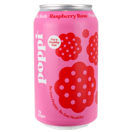 Front of Poppi Prebiotic Soda Raspberry Rose, 355mL