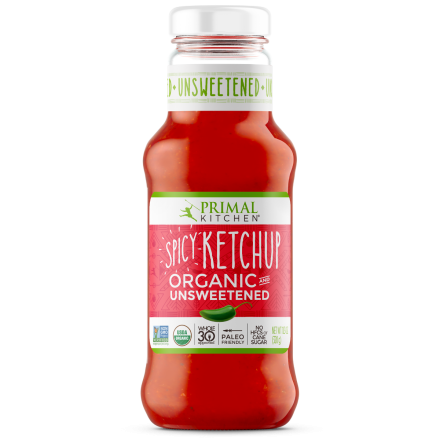Front of Primal Kitchen Spicy Organic Unsweetened Ketchup, 320g