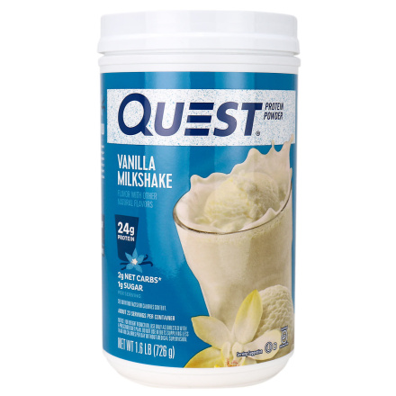 Front of Quest Whey and Casein Blend Protein Powder Vanilla Milkshake