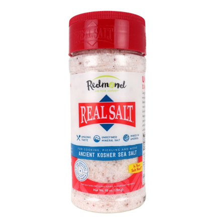 Front of Redmond RealSalt Ancient Kosher Sea Salt Shaker