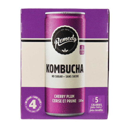 Front of Remedy No Sugar Kombucha Cherry Plum, 4 x 330mL cans