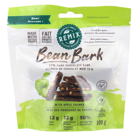 Front of Remix Snacks Bean Bark 70% Dark Chocolate Bark Apple, 100g
