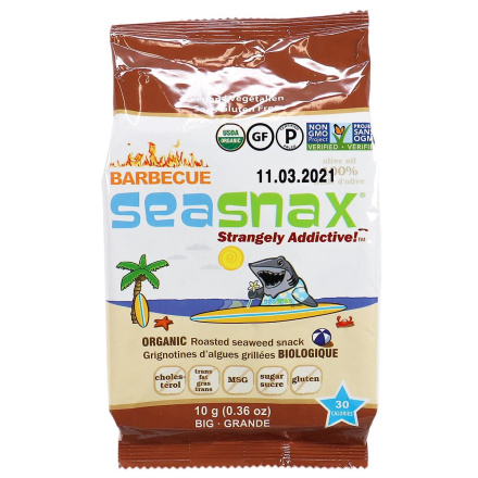 Front of Seasnax Barbecue Big Organic Roasted Seaweed Snack, 10g