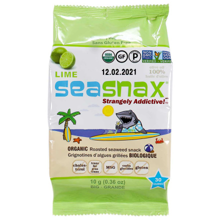 Front of Seasnax Lime Big Organic Roasted Seaweed Snack, 10g