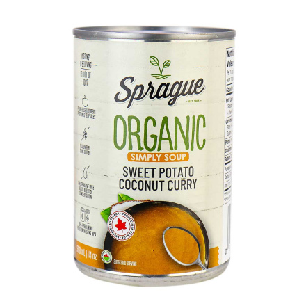 Front of Sprague Organic Sweet Potato Coconut Curry Soup, 411g