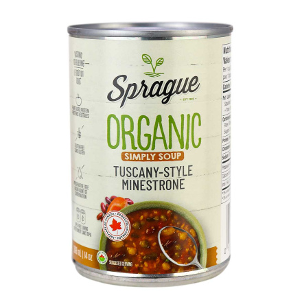Front of Sprague Organic Tuscany-Style Minestrone Soup, 425g