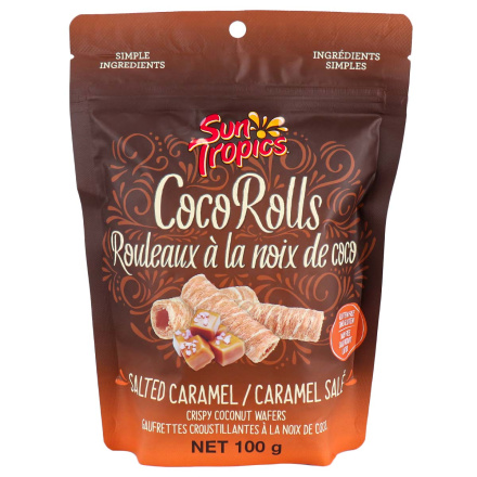 Front of Sun Tropics CocoRolls Salted Caramel Rolled Coconut Wafers, 100g