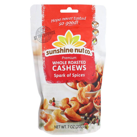 Front of Sunshine Nut Co. Premium Whole Roasted Cashews Spark of Spices, 200g