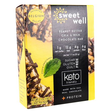 Sweetwell Keto Bar Peanut Butter, Chia  & Dark Chocolate, 5 Bars Front
