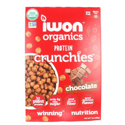 Front of IWON Organics Plant-Based Protein Crunchies Chocolate, 198g