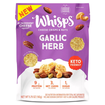 Front of Whisps Keto Cheese Crisps & Nuts Snack Mix Garlic Herb