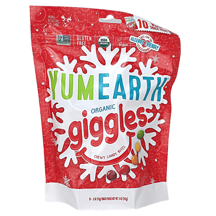 Front of YumEarth Organic Giggles Chewy Candy Bites, 10 Winter Snack Packs, 142g