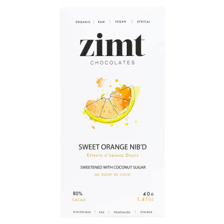 Front of Zimt Chocolates 80% Cacao Sweet Orange Nib’d, 40g