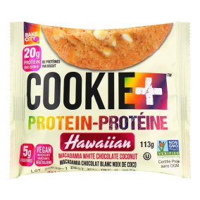 Front of Bake City Vegan Protein Cookies Hawaiian Macadamia White Chocolate Coconut