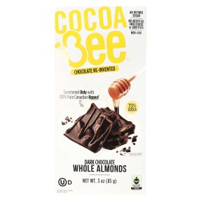 Front of CocoaBee 73% Cocoa Dark Chocolate Whole Almonds, 85g