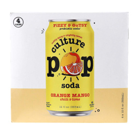 Front of Culture Pop Probiotic Soda Orange Mango Chili & Lime, 4 Cans