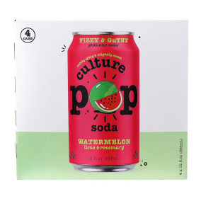 Front of Culture Pop Probiotic Soda Watermelon Lime & Rosemary, 4 Cans