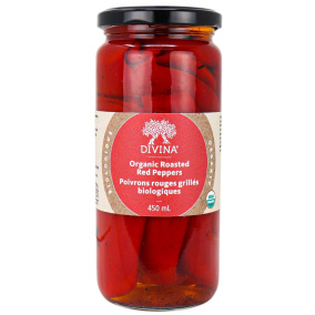 Front of Divina Organic Roasted Red Peppers, 450ml