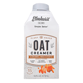 Front of Elmhurst Plant-Based Oat Creamer Caramel Macchiato, 473mL