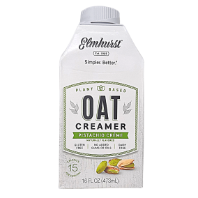 Front of Elmhurst Plant-Based Oat Creamer Pistachio Creme, 473mL