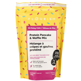 Front of Flourish Protein Pancake & Waffle Mix Birthday Cake, 430g