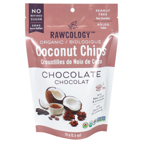 Front of Rawcology Chocolate Cinnamon Superfood Coconut Chips