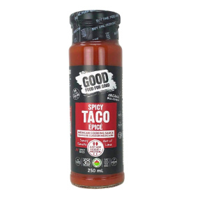 Front of Good Food For Good Organic Spicy Taco Cooking Sauce