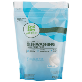 Front of grab green Automatic Dishwashing Detergent Pods Fragrance Free, 24 Loads