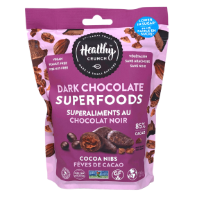Front of Healthy Crunch Vegan Dark Chocolate Superfoods Cocoa Nibs