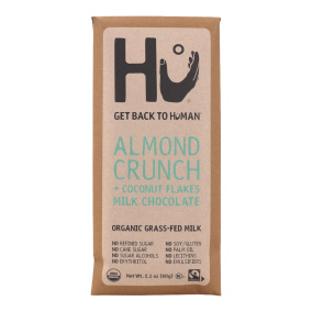 Front of Hu Kitchen Almond Crunch  & Coconut Flakes Grass-Fed Milk Chocolate